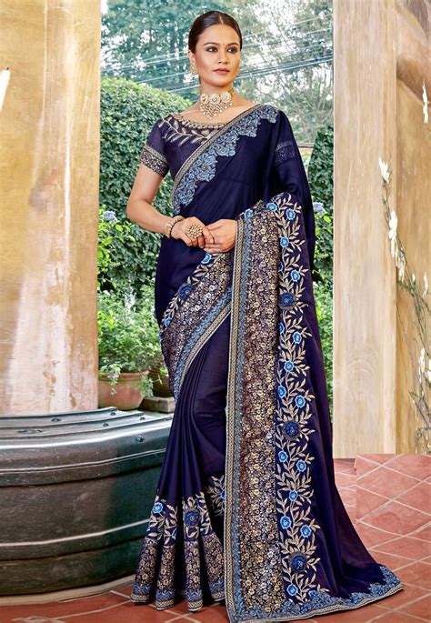 navy blue saree with silver work|navy blue saree for girls.